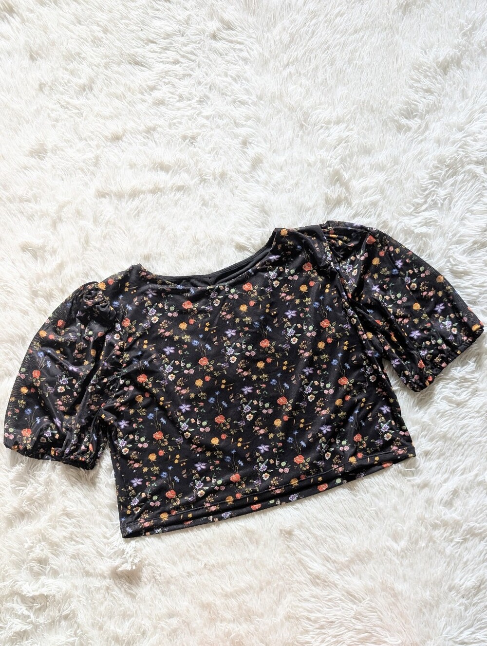 Blackmilk Wild Fields Puff Sleeve Black Floral Mesh Fairycore Crop Top XXL - Picture 5 of 12
